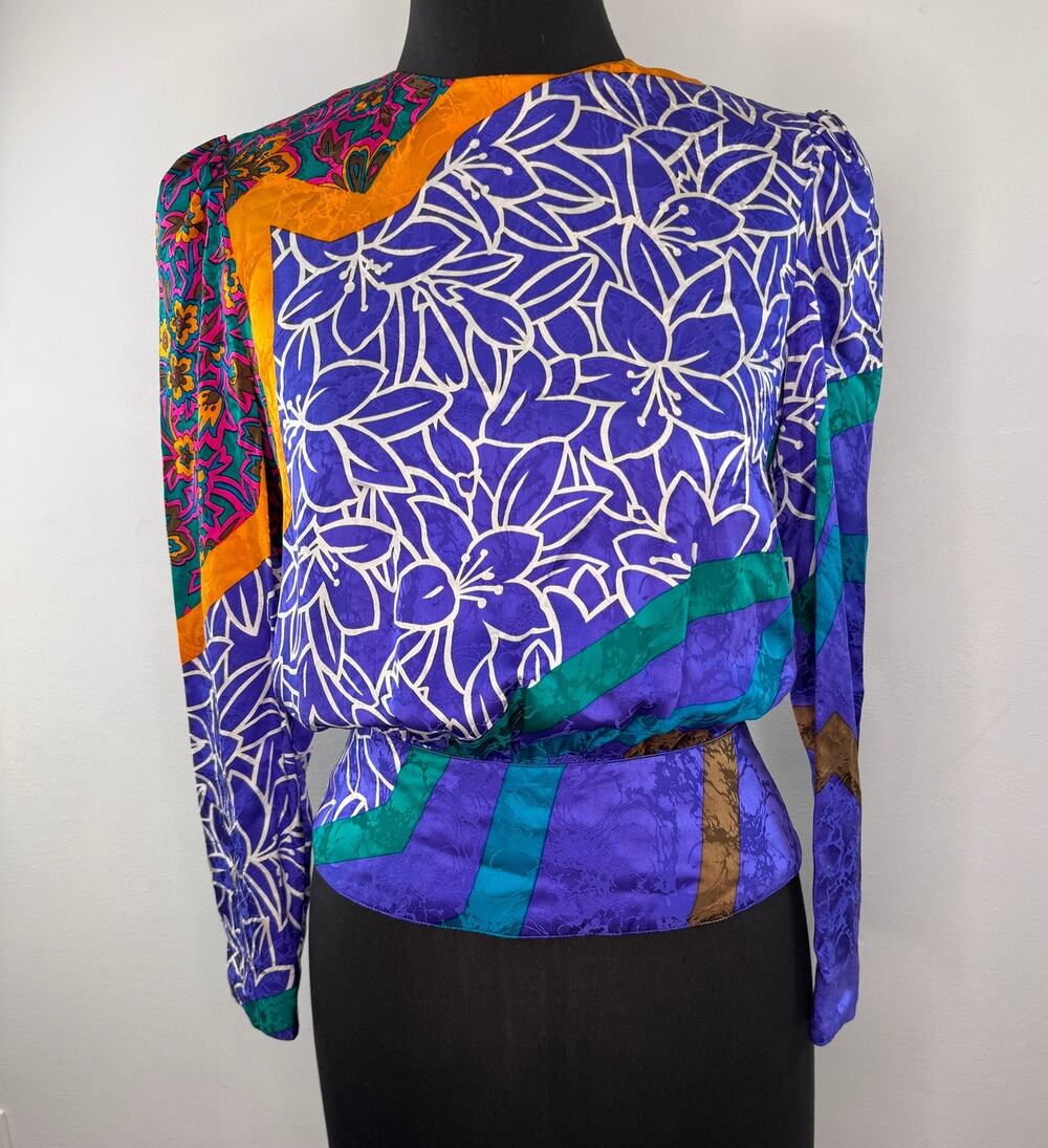 Vintage Anne Crimmins For Umi Collections Multi Blouse Silk Back Button Size 4